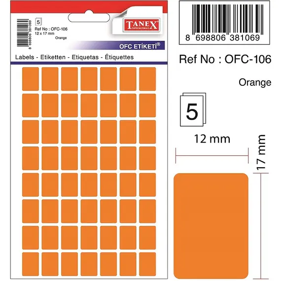 Labels, TANEX, 10 Sheet / bags, Desktop Sticker 12*17 mm, Orange Neon , 30 Bags/ Pack 
