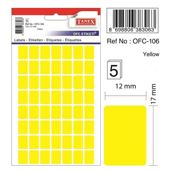 Labels, TANEX, 10 Sheet / bags, Desktop Sticker 12*17 mm, Yellow Neon , 30 Bags/ Pack 