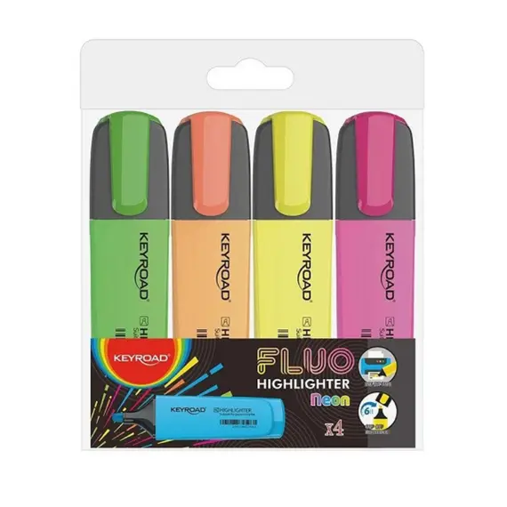 Highlighter Marker, KEYROAD, 1 - 5 mm , Chisel Tip, 4 Colors/Box 