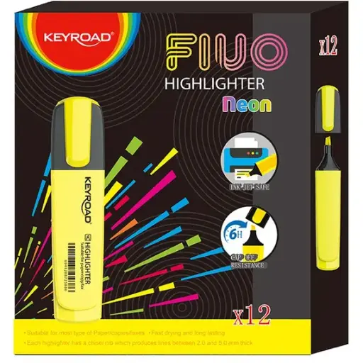 Highlighter Marker, KEYROAD, 1 - 5 mm, Chisel Tip, Yellow Box