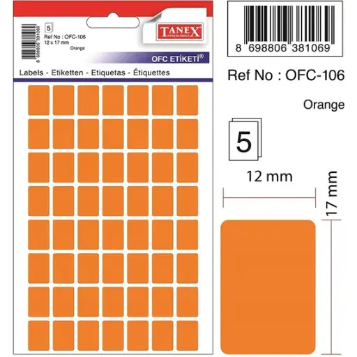 [1233383048] Labels, TANEX, 10 Sheet / bags, Desktop Sticker 12*17 mm, Orange Neon , 30 Bags/ Pack 