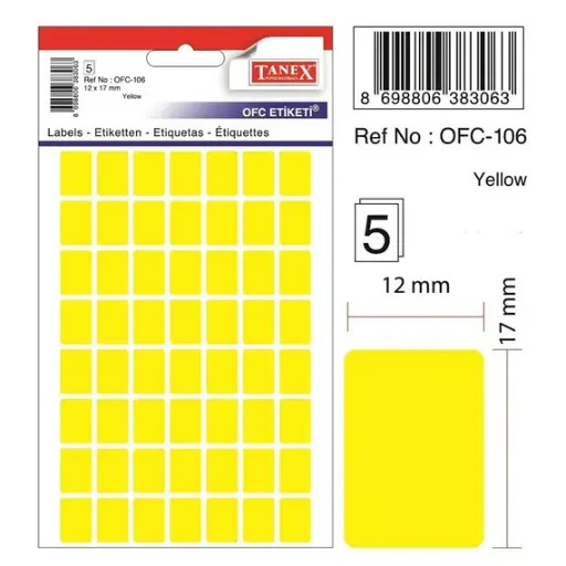 [1233363049] Labels, TANEX, 10 Sheet / bags, Desktop Sticker 12*17 mm, Yellow Neon , 30 Bags/ Pack 